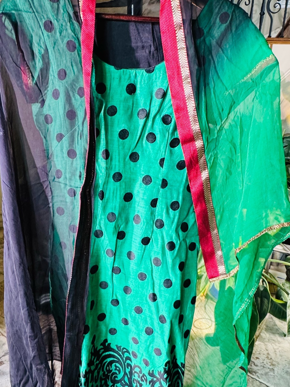 Green Polka Dot Salwar Midi with Black Accents and Pink Border